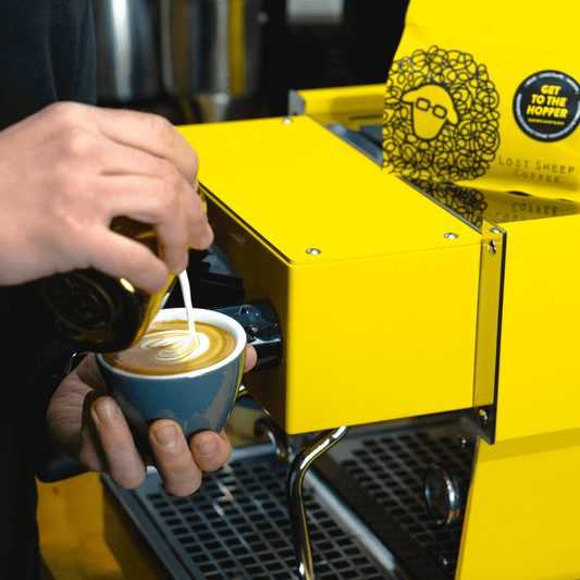 Mike at Lost Sheep HQ finishing a flat white