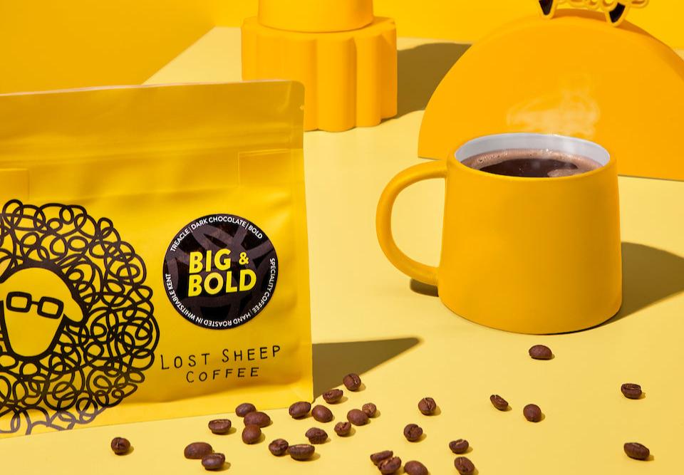 Big & Bold lost sheep coffee packaging with yellow mug and yellow cafetiere
