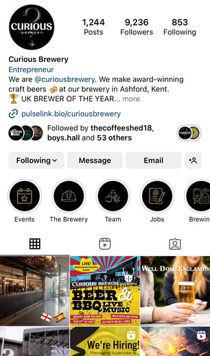Social media profile of Curious Brewery with follower count and engagement details.