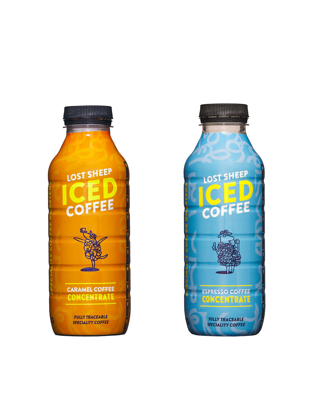 Two bottles of Lost Sheep Iced Coffee, one orange and one blue, on a white background.