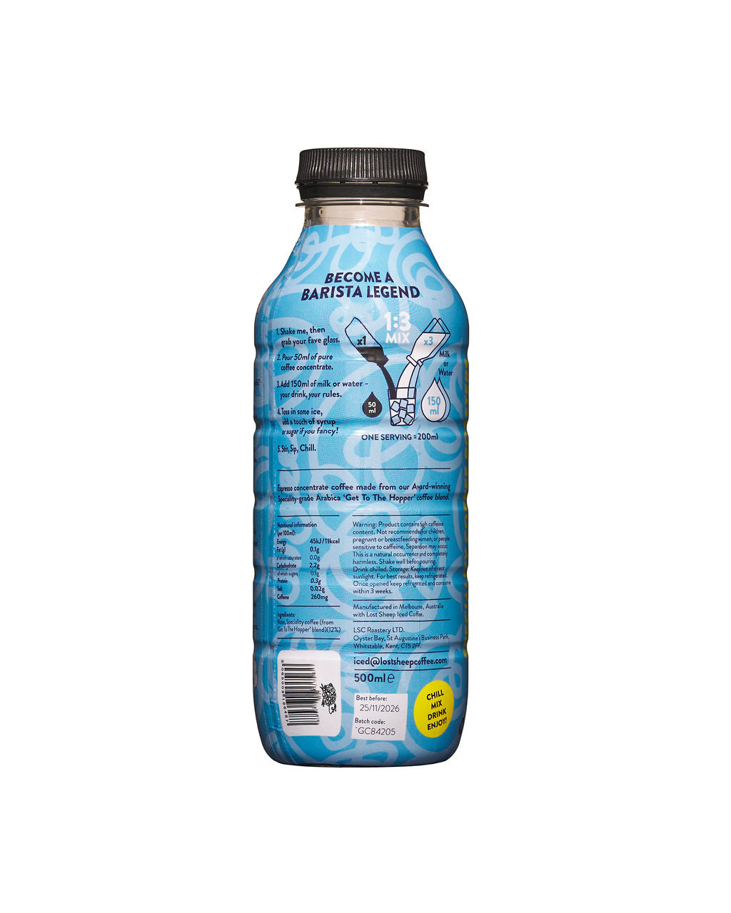 Back of Lost Sheep Coffee Espresso Coffee Concentrate bottle with a label on a white background