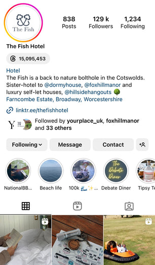 Instagram profile of The Fish Hotel with hotel services and location details.