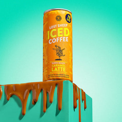 Lost Sheep iced coffee against a teal background.