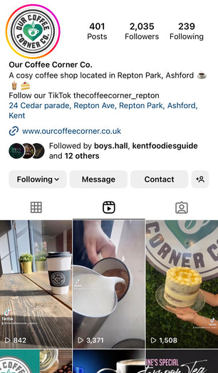 Social media profile of 'Our Coffee Corner Co.' with posts and followers details.