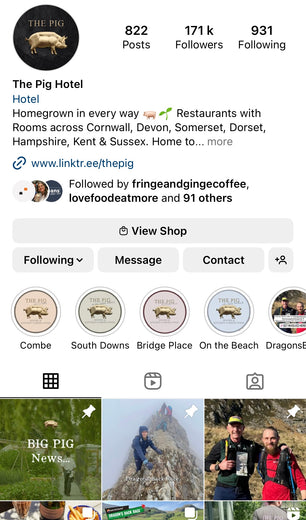 Social media profile of 'The Pig Hotel' with posts and followers displayed.