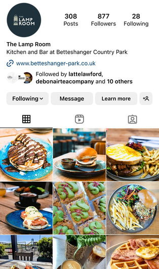 Social media profile of The Lamp Room with restaurant images and contact information.