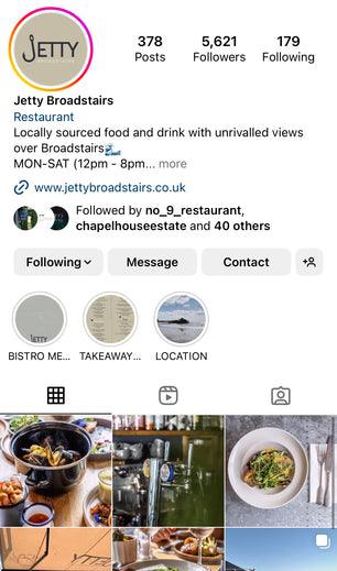Instagram profile of Jetty Broadstairs restaurant with profile picture, number of posts, followers, and following.