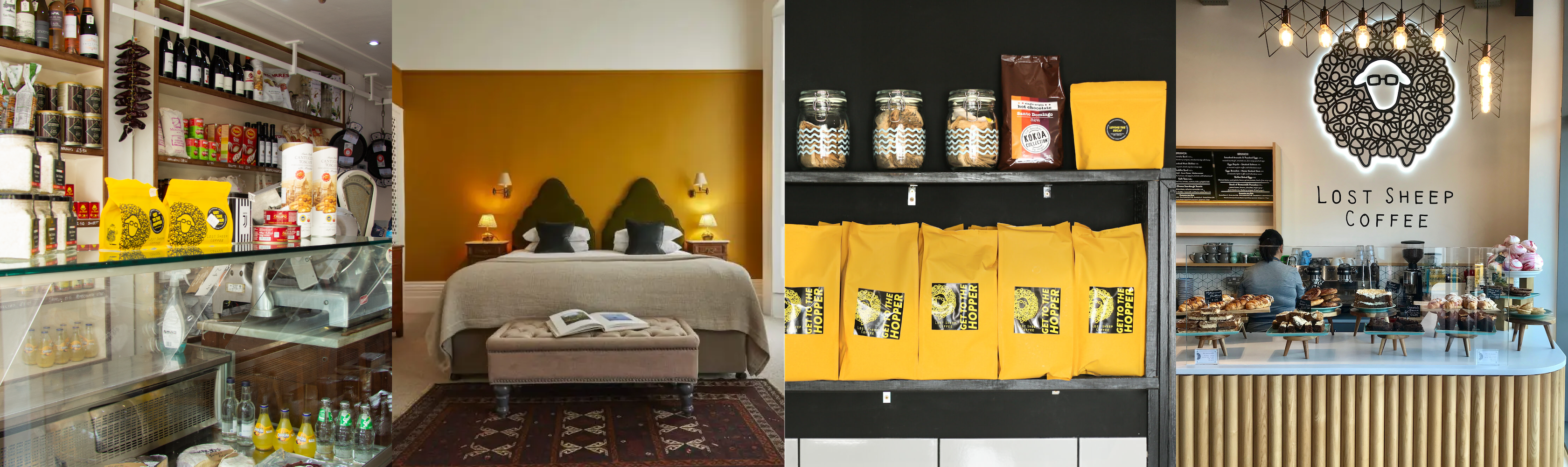 Collage of a coffee shop interior, coffee bags, and a bed with yellow walls.