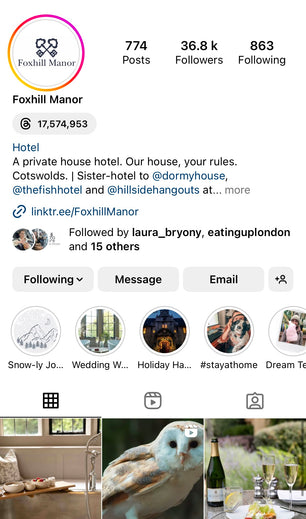 Instagram profile of Foxhill Manor with hotel description and images of a parrot and champagne.