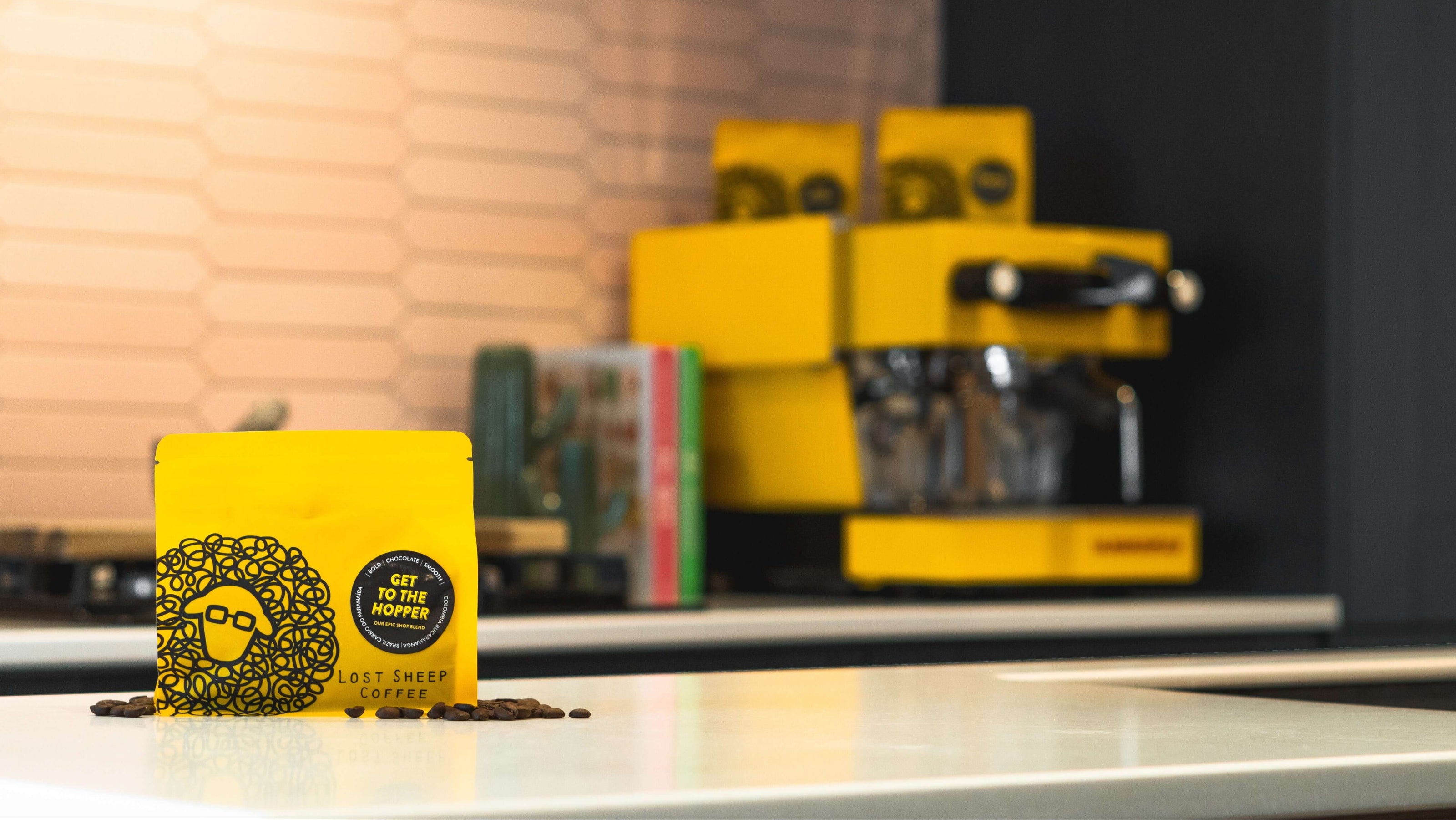 Lost Sheep Coffee "Get To the Hopper Blend" on countertop