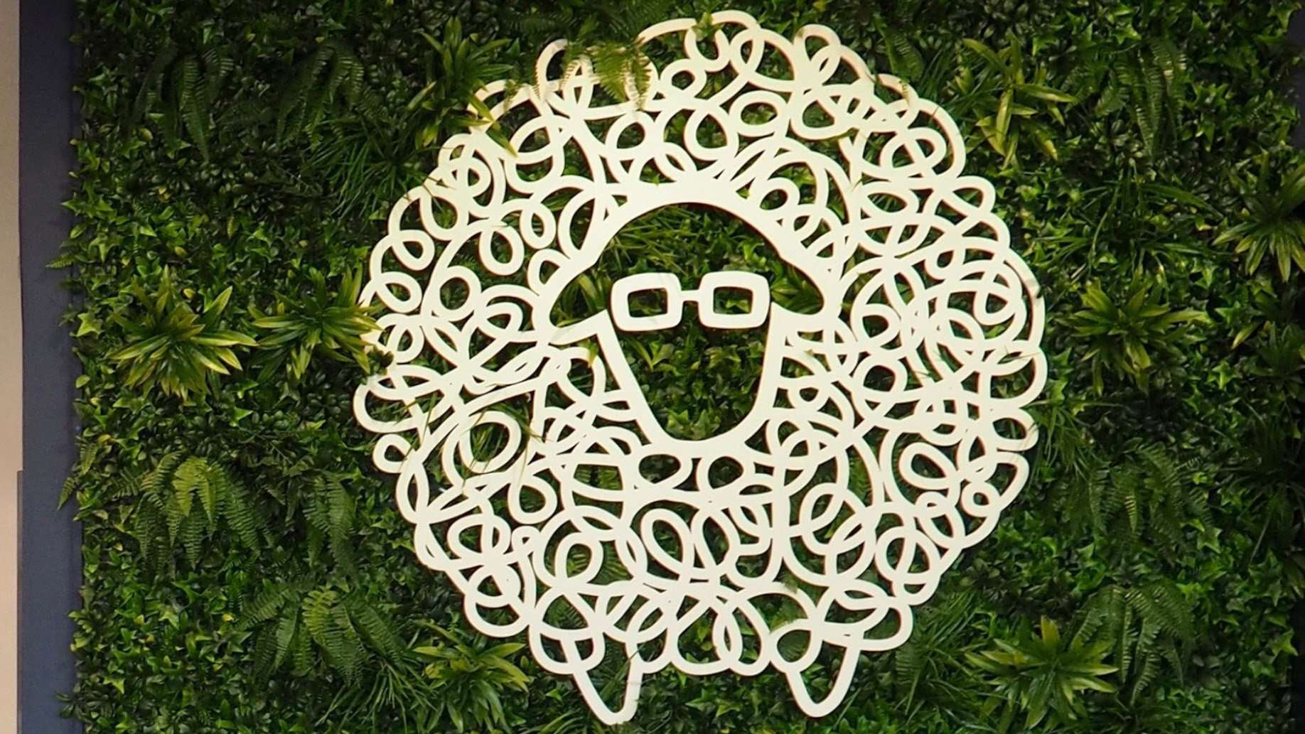 Lost Sheep Coffee logo on green leafy wall