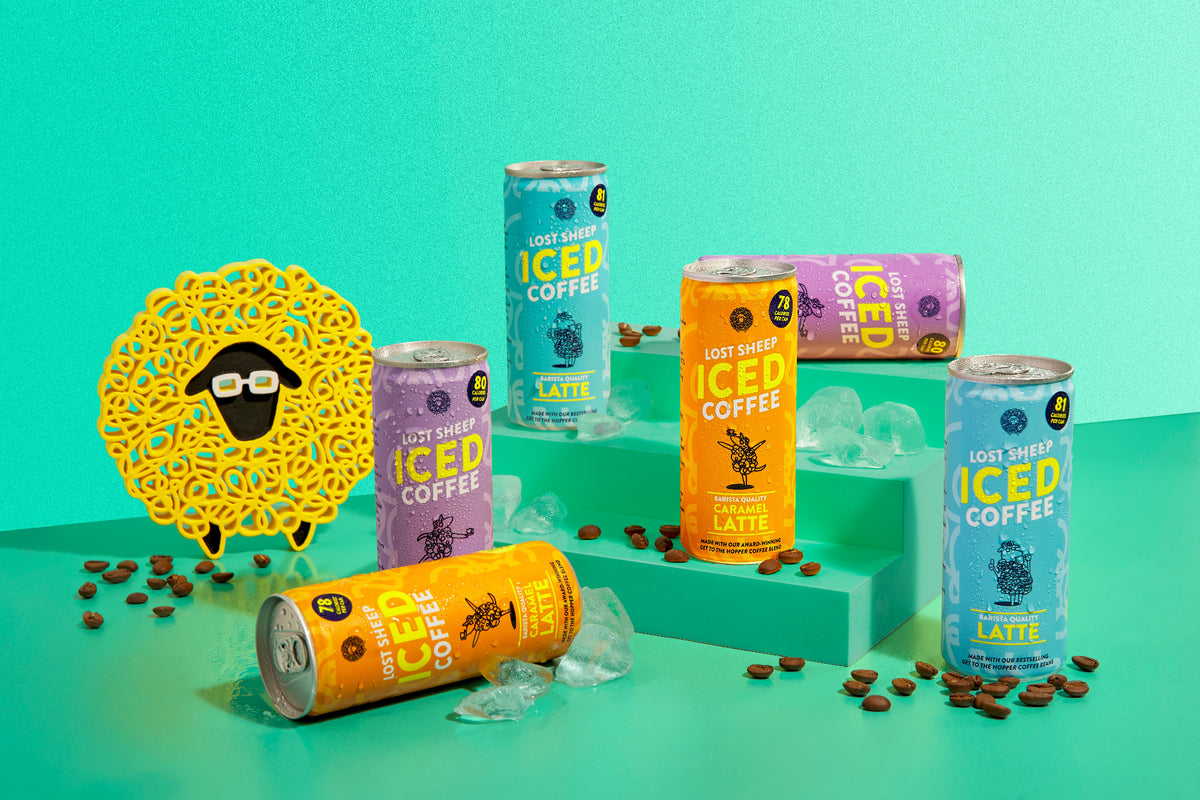 The range of Lost Sheep coffee Iced Coffee cans against a teal background.