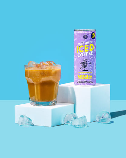 Lost Sheep Coffee ready to drink can and glass of coffee